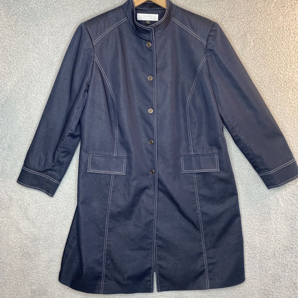 Tahari Sz 14W Snap Button Trench Coat Demin Style Navy Blue Lined 39"L